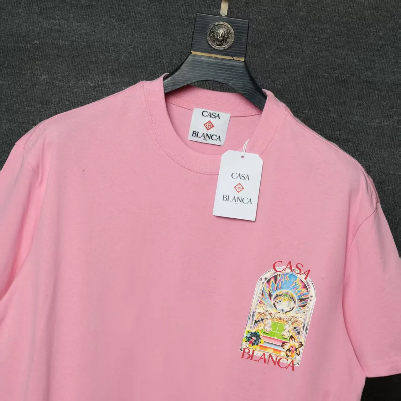 26ss CASABLANCA original printing process short-sleeved T-shirt original development using high-density double yarn pure cotton fabric upper body soft and comfortable color Black White Dark Green color Orange Pink Blue Royal Blue color cigarette powder 8 colors Sizes S M L XL